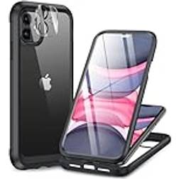 Miracase Glasfodral för iPhone 11 6,1 tum, [inbyggt glasskärmskydd] 360 helkropp stöttåligt gummi stötfångare klar baksida telefonfodral kompatibel med iPhone 11 (svart)